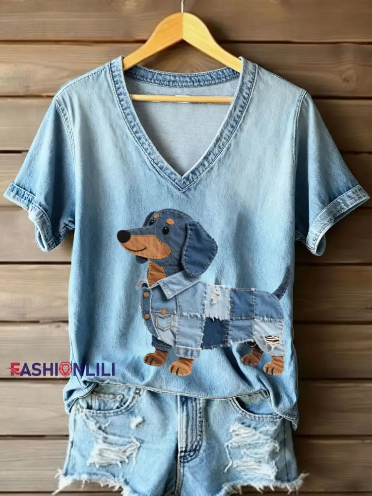 Women’s Denim Patchwork Art Dachshund Pattern V-Neck T-Shirt Blue / S