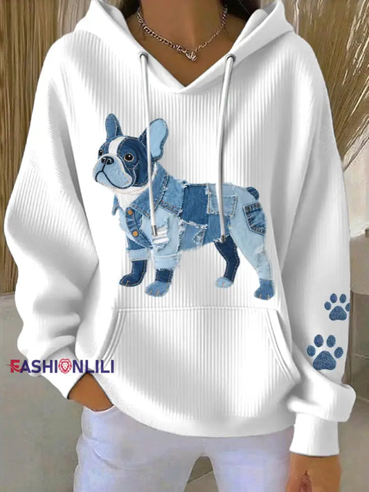 Women’s Denim Patchwork Art French Bulldog Pattern Hoodie White / S