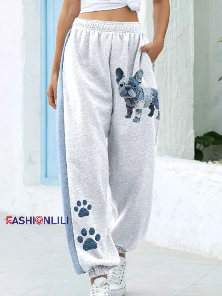 Women’s Denim Patchwork Art French Bulldog Pattern Pants As picture / S