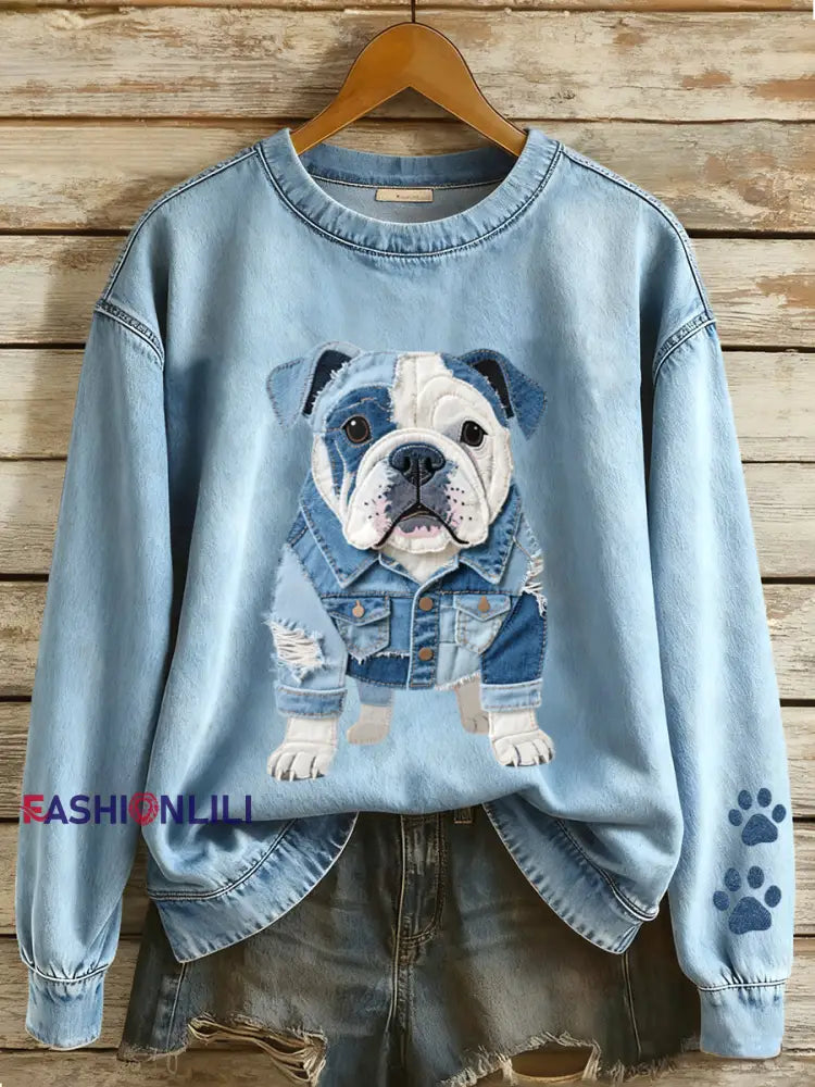 Women’s Denim Patchwork Art French Bulldog Pattern Sweatshirt Blue / S