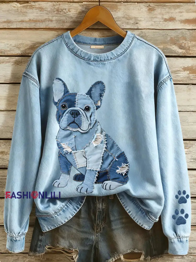 Women’s Denim Patchwork Art French Bulldog Pattern Sweatshirt Blue / S