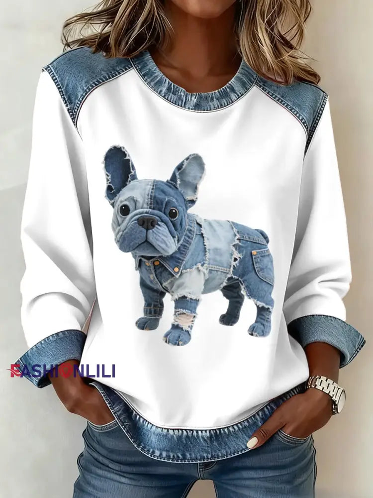 Women’s Denim Patchwork Art French Bulldog Pattern Sweatshirt White / S