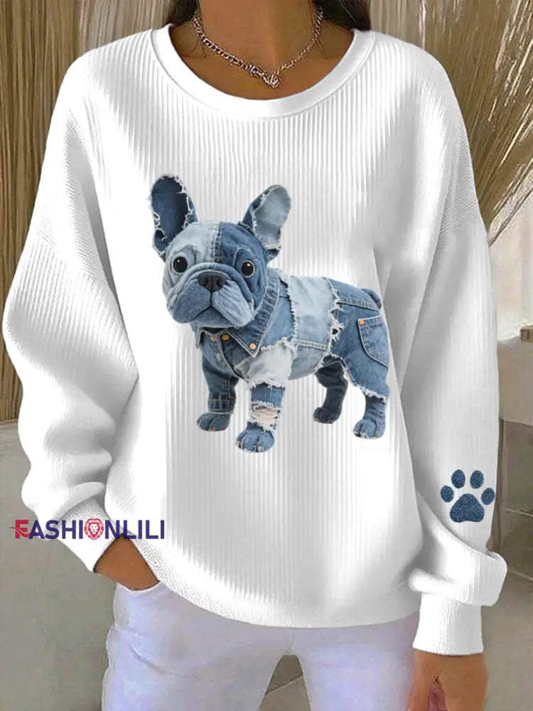 Women’s Denim Patchwork Art French Bulldog Pattern Sweatshirt White / S