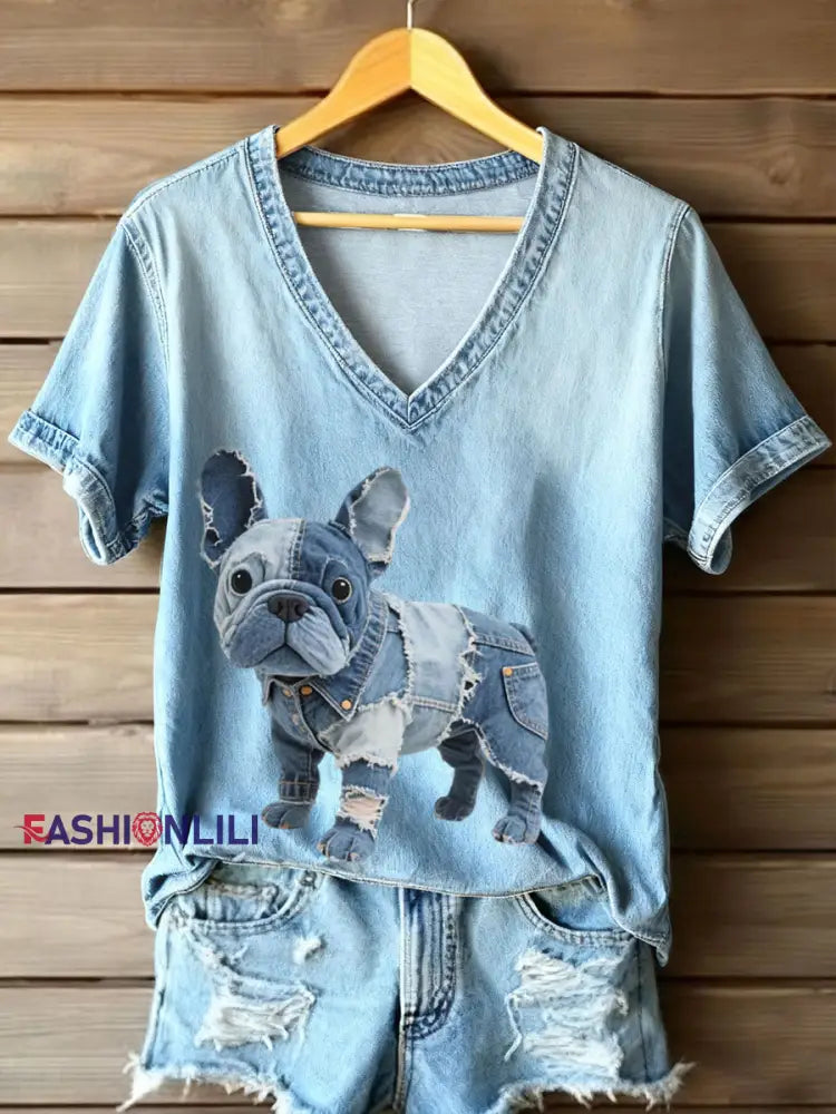 Women’s Denim Patchwork Art French Bulldog Pattern V-Neck T-Shirt Blue / S