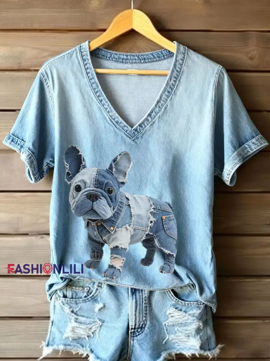Women’s Denim Patchwork Art French Bulldog Pattern V-Neck T-Shirt Blue / S