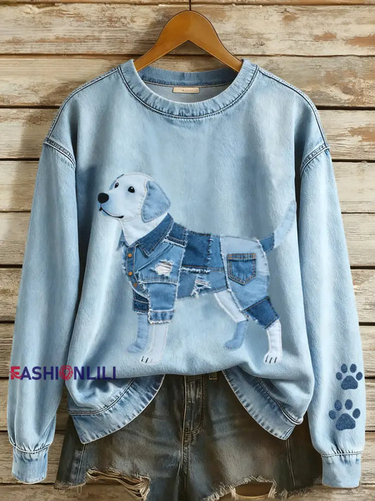 Women’s Denim Patchwork Art Labrador Retriever Pattern Sweatshirt Blue / S
