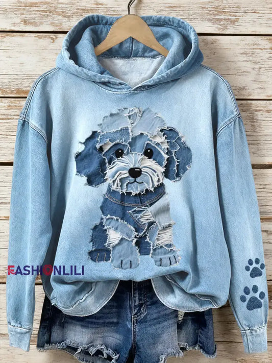 Women’s Denim Patchwork Art Lovely Dog Pattern Hoodie Blue / S