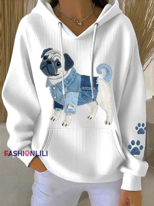 Women’s Denim Patchwork Art Pug Dog Pattern Hoodie White / S
