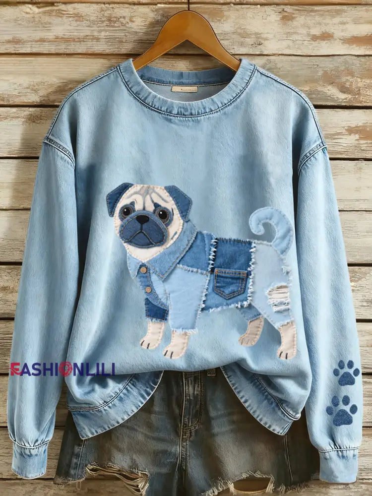 Women’s Denim Patchwork Art Pug Dog Pattern Sweatshirt Blue / S