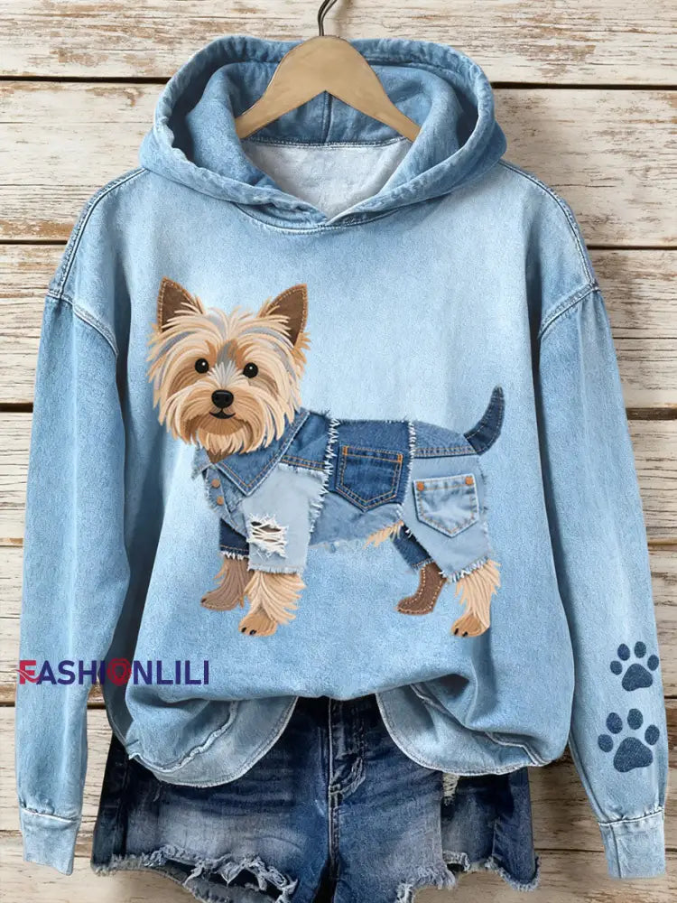Women’s Denim Patchwork Art Yorkshire Terrier Dog Pattern Hoodie Blue / S