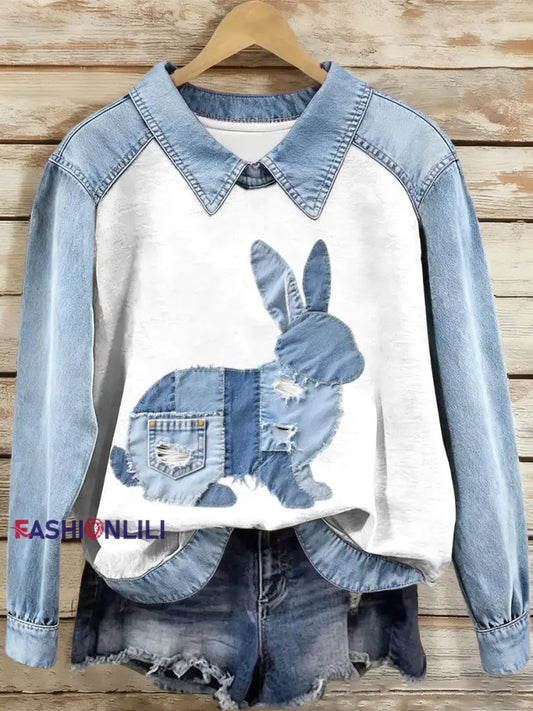 Women’s Denim Patchwork Bunny Pattern Sweatshirt As picture / S