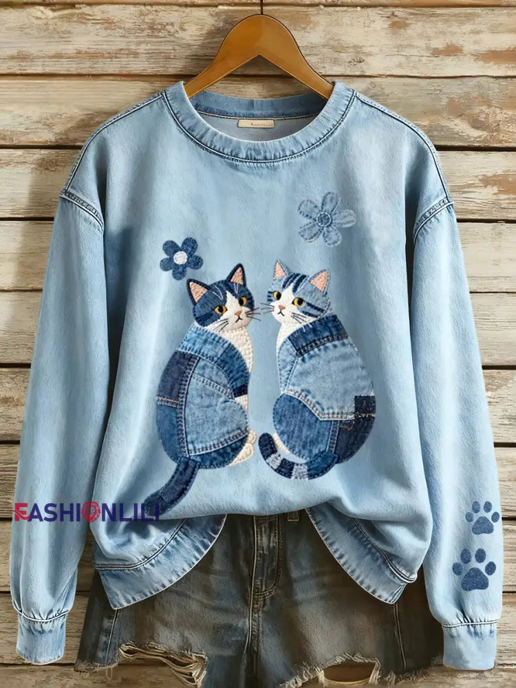 Women’s Denim Patchwork Cats Pattern Sweatshirt Blue / S