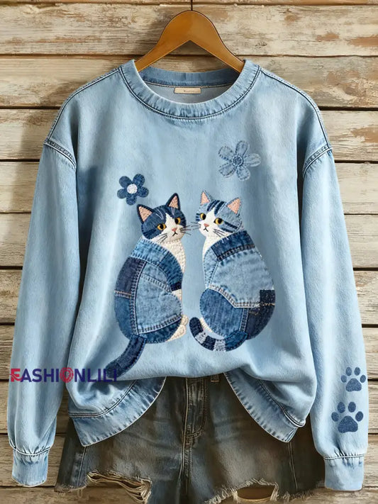 Women’s Denim Patchwork Cats Pattern Sweatshirt Blue / S