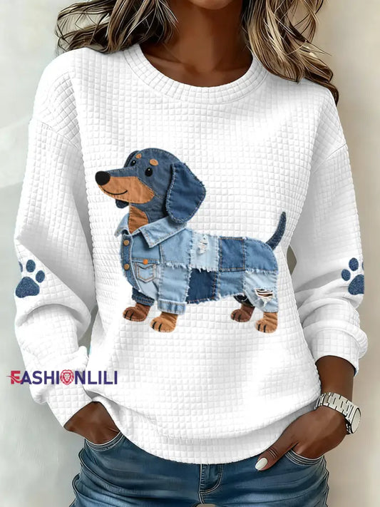 Women’s Denim Patchwork Dachshund Dog Pattern Waffle Sweatshirt White / S