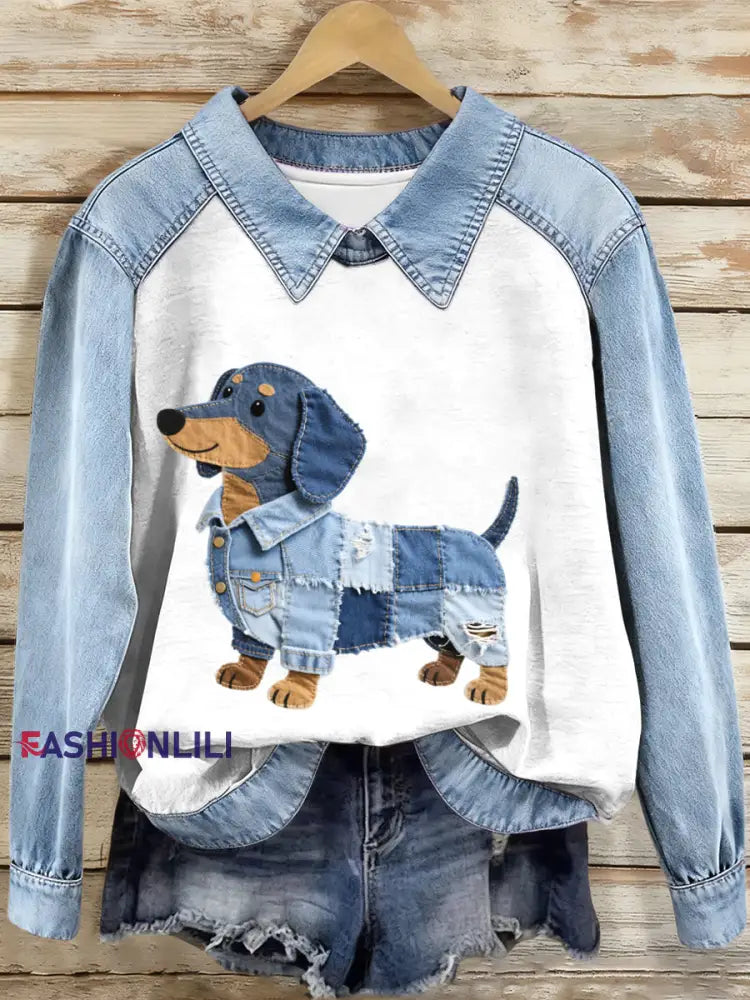 Women’s Denim Patchwork Dachshund Pattern Sweatshirt As picture / S