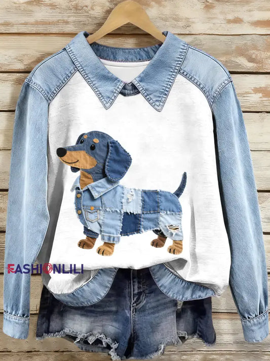 Women’s Denim Patchwork Dachshund Pattern Sweatshirt As picture / S