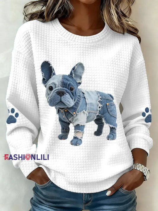 Women’s Denim Patchwork French Bulldog Pattern Waffle Sweatshirt White / S