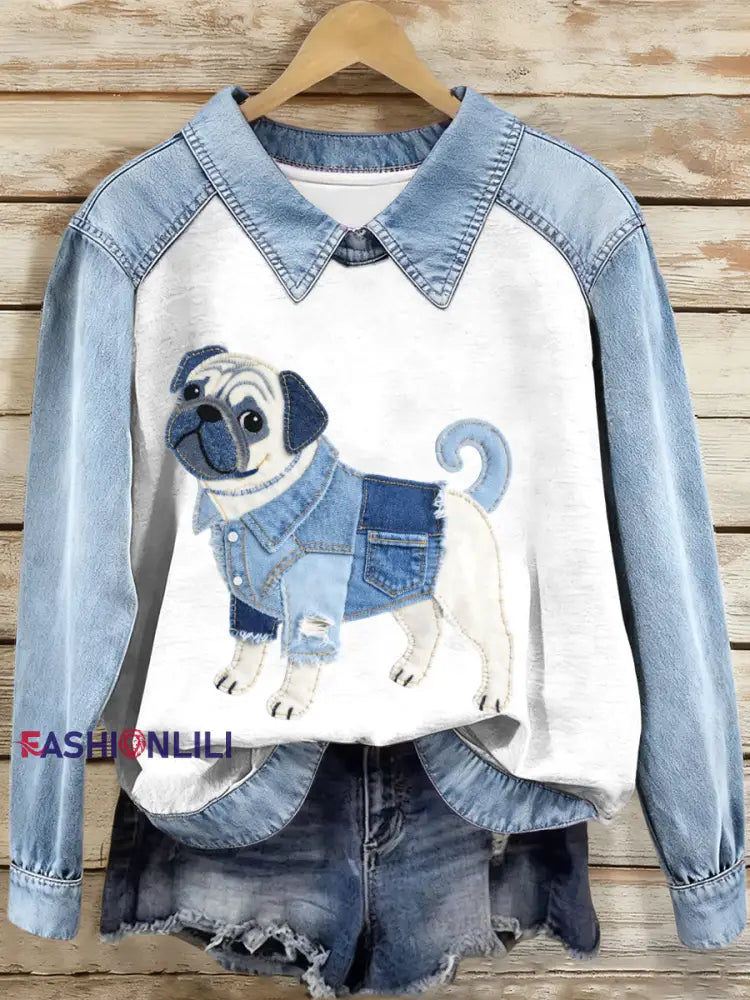 Women’s Denim Patchwork Pug Dog Pattern Sweatshirt As picture / S