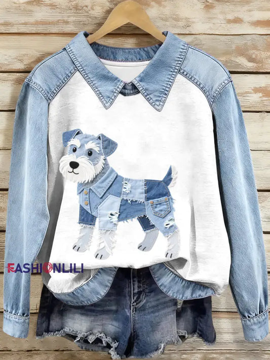 Women’s Denim Patchwork Schnauzer Dog Pattern Sweatshirt As picture / S