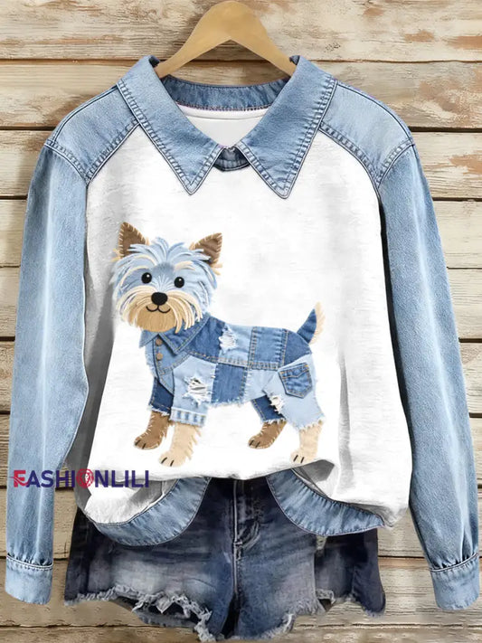 Women’s Denim Patchwork Yorkshire Terrier Dog Pattern Sweatshirt As picture / S