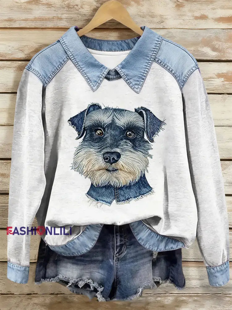 Women’s Dog Art Print Casual Top White / S