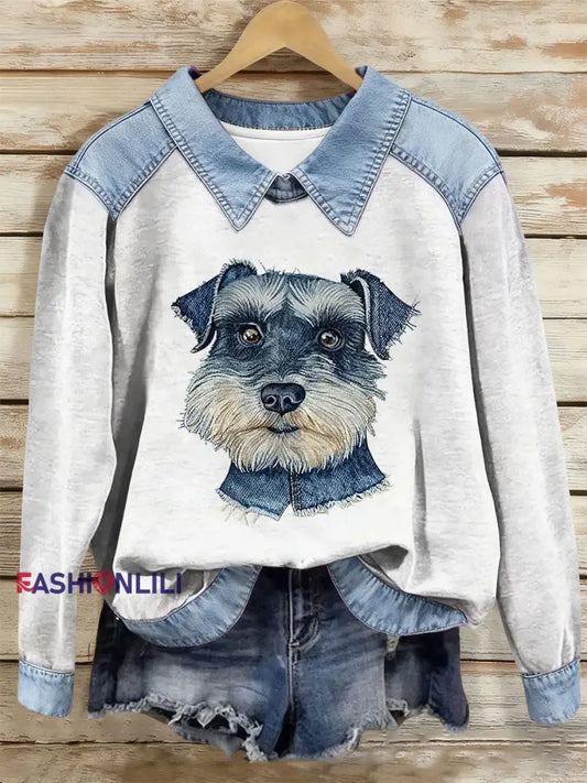 Women’s Dog Art Print Casual Top White / S