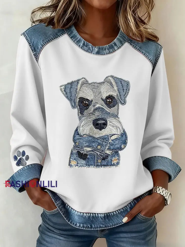 Women’s Dog Art Print Casual Top White / S