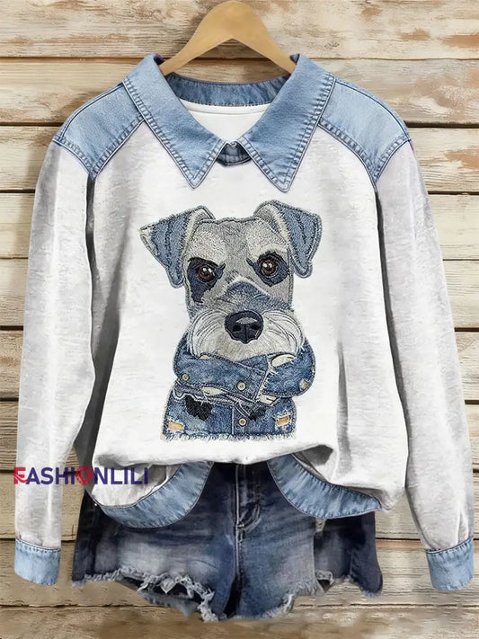 Women’s Dog Art Print Casual Top White / S