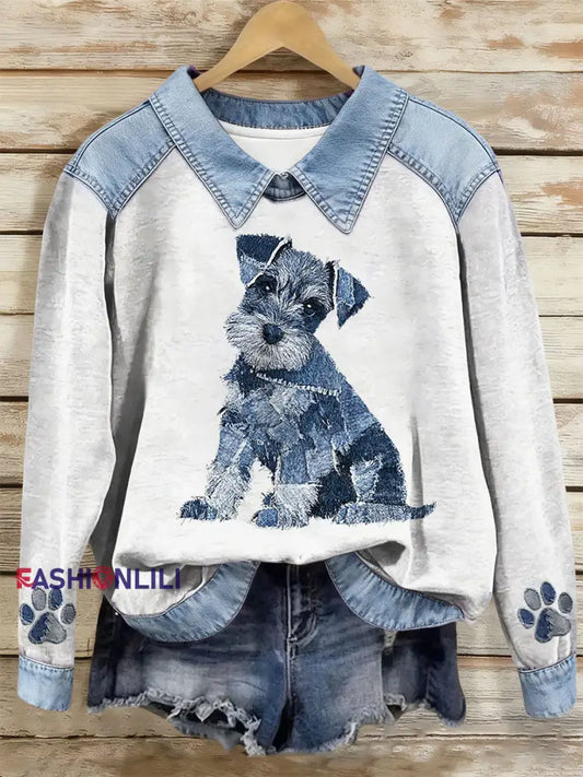 Women’s Dog Art Print Casual Top White / S