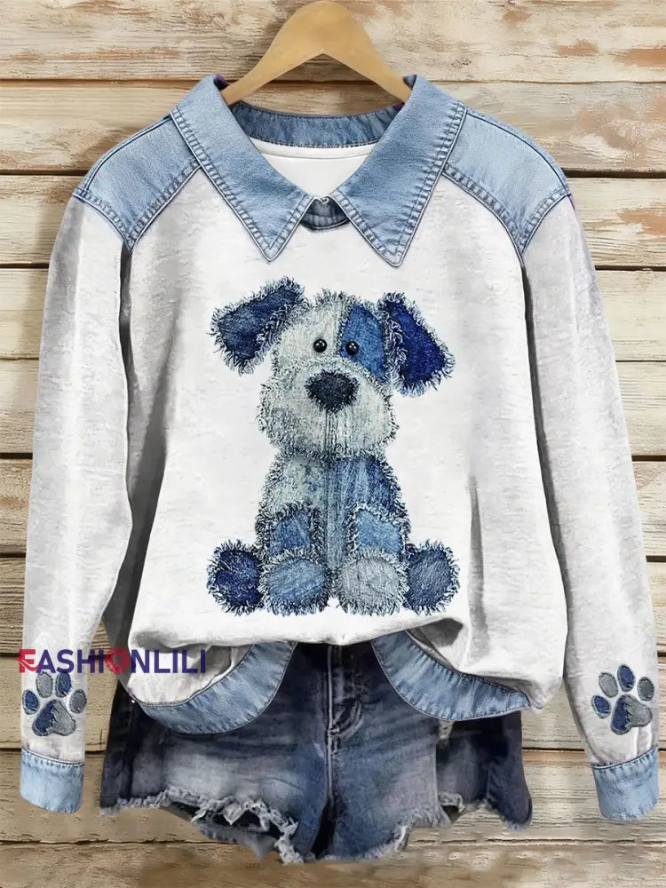 Women’s Dog Art Print Casual Top White / S