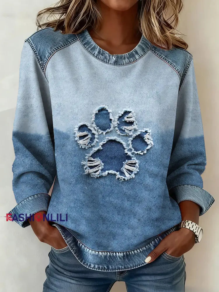 Women’s Dog Paw Denim Crewneck Sweatshirt Light Blue / S