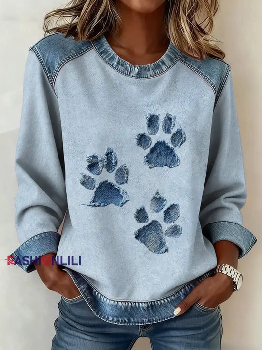 Women’s Dog Paw Denim Crewneck Sweatshirt Light Blue / S