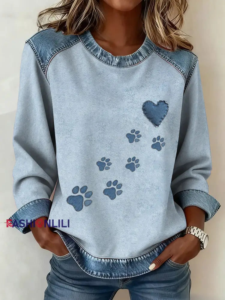 Women’s Dog Paw Denim Crewneck Sweatshirt Light Blue / S