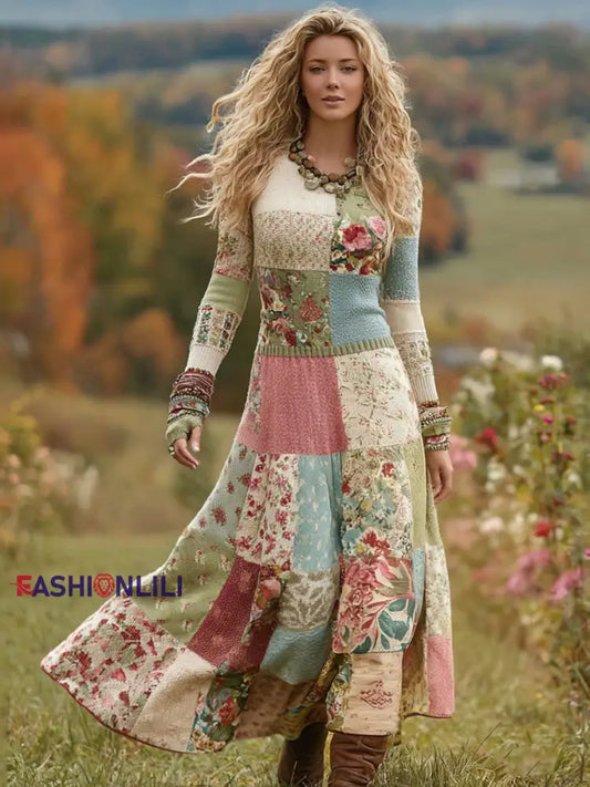Women’s Elegant Floral Pattern Patchwork Art Maxi Dress As picture / S