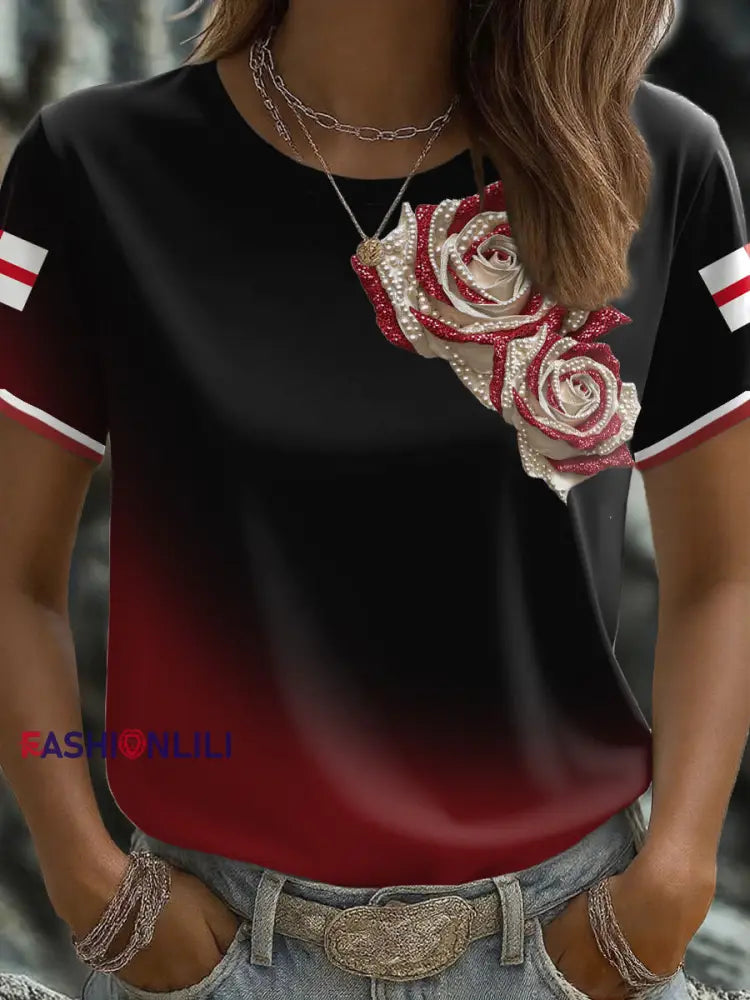 Women’s England Flag Rose Art Printed T shirt Black / S