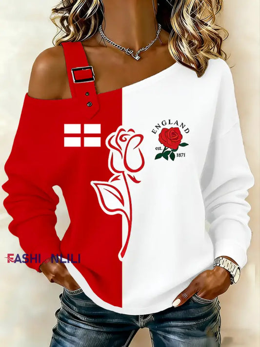 Women’s England Rugby Lover Printed Casual Off-Shoulder Sweatshirt As picture / S