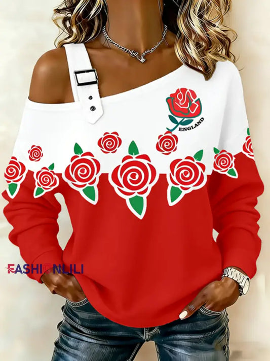Women’s England Rugby Lover Printed Casual Off-Shoulder Sweatshirt As picture / S