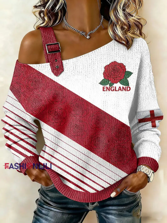 Women’s England Rugby Lover Printed Casual Off-Shoulder Sweatshirt As picture / S