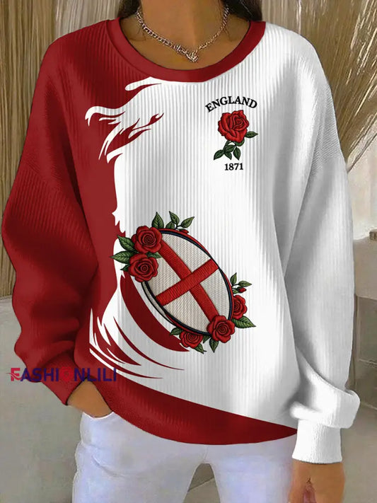 Women’s England Rugby Lover Printed Ribbed Round-Neck Sweatshirt As picture / S