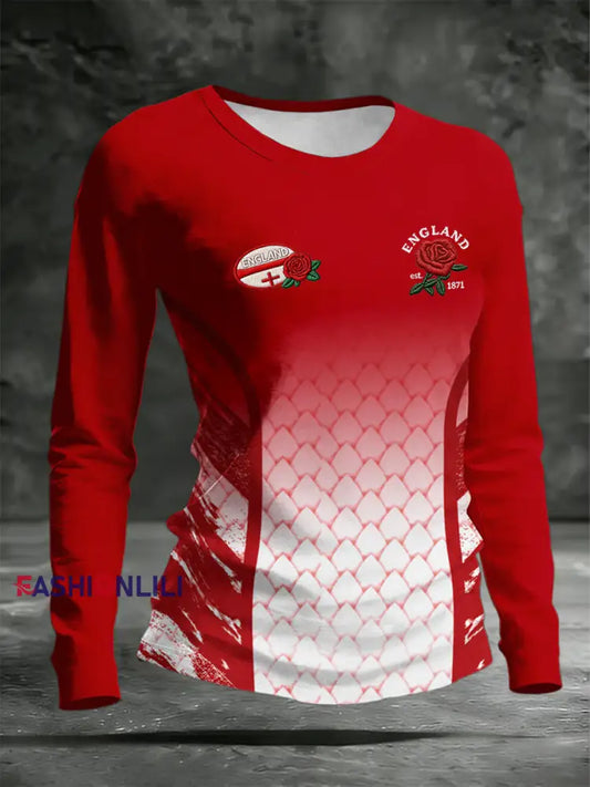 Women’s England Rugby Lover Printed Round neck long sleeve T-shirt As picture / S