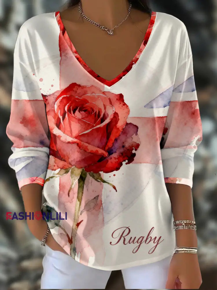 Women’s England Rugby Lover Printed V-Neck T-Shirt As picture / S