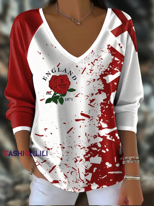 Women’s England Rugby Lover Printed V-Neck T-Shirt As picture / S
