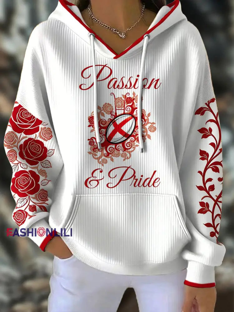 Women’s England Rugby Lover Roses Art Printed Hoodie White / S