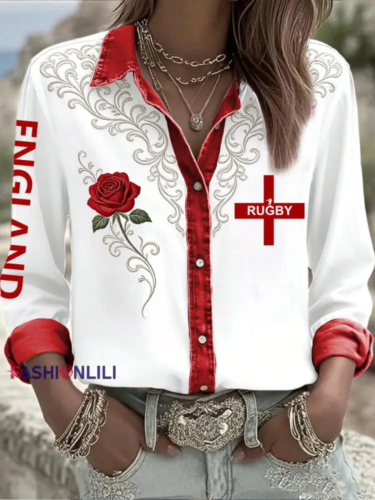 Women’s England Rugby Lover Roses Art Printed Shirt White / S