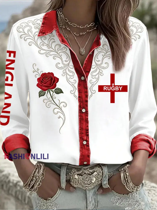 Women’s England Rugby Lover Roses Art Printed Shirt White / S