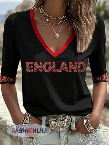 Women’s England Rugby Lover Roses Art Printed T-Shirt - Black / S