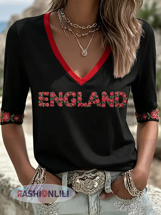 Women’s England Rugby Lover Roses Art Printed T-Shirt - Black / S