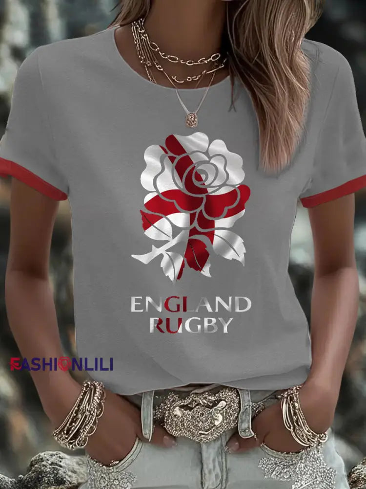 Women’s England Rugby Lover Roses Printed T-shirt Light Gray / S