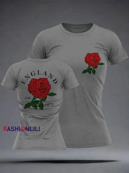 Women’s England Rugby Lover Roses Printed T-Shirt Light Gray / S