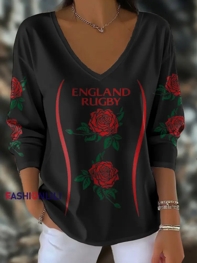 Women’s England Rugby Roses Lover Printed Tops Black / S
